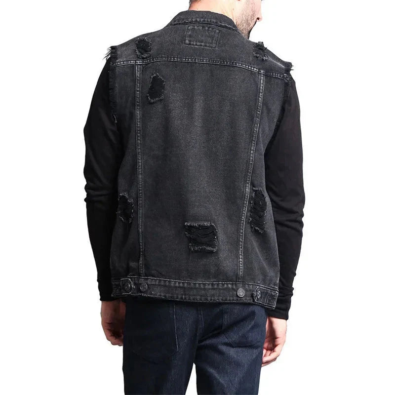Soniaox men's denim vest with western cowboy style, raw cut edge waistcoat, in classic blue denim.