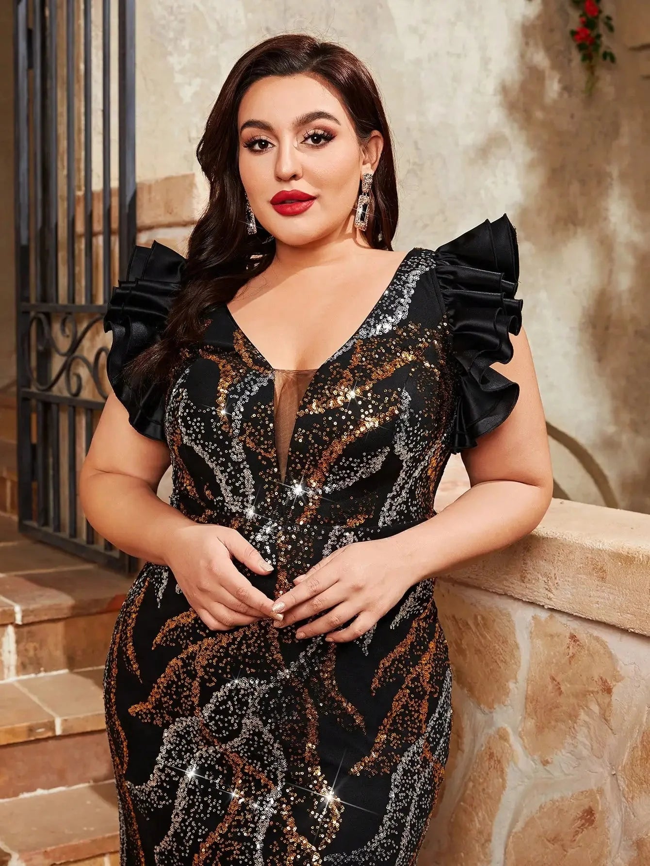 Plus size MGIACY V-neck sequin fishtail evening gown by SHOWLU FASHION, featuring luxurious fabric and elegant design.