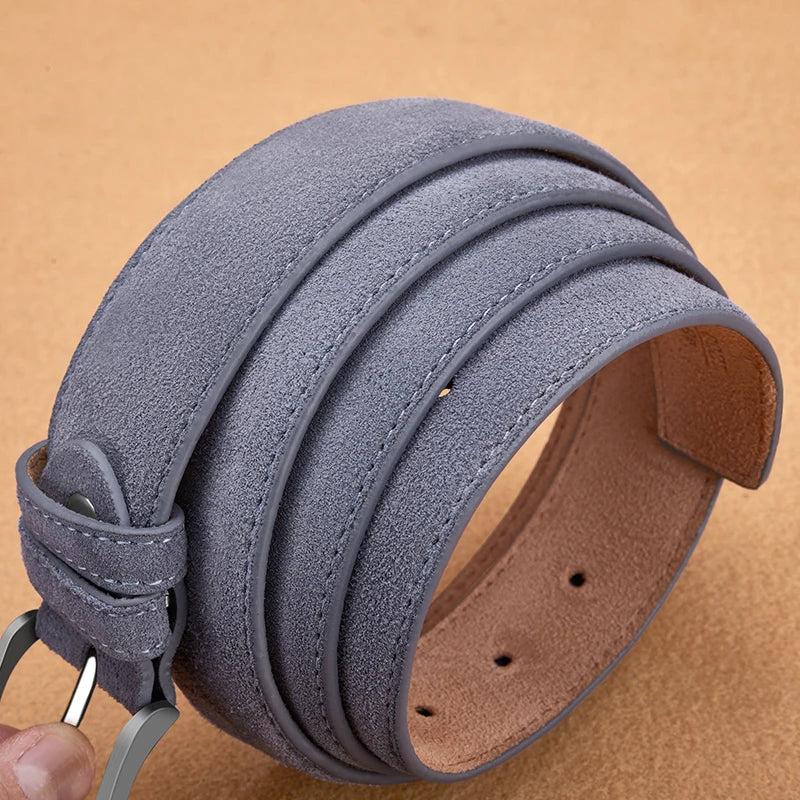 Blue and gray Sude Belt made of genuine cowskin leather with Oxford fabric strap and luxury pin buckle for men and women.