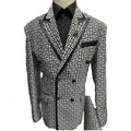 Men's slim fit jacquard wedding suit by SHOWLU FASHION, double-breasted tuxedo with tailored fit and intricate jacquard pattern.