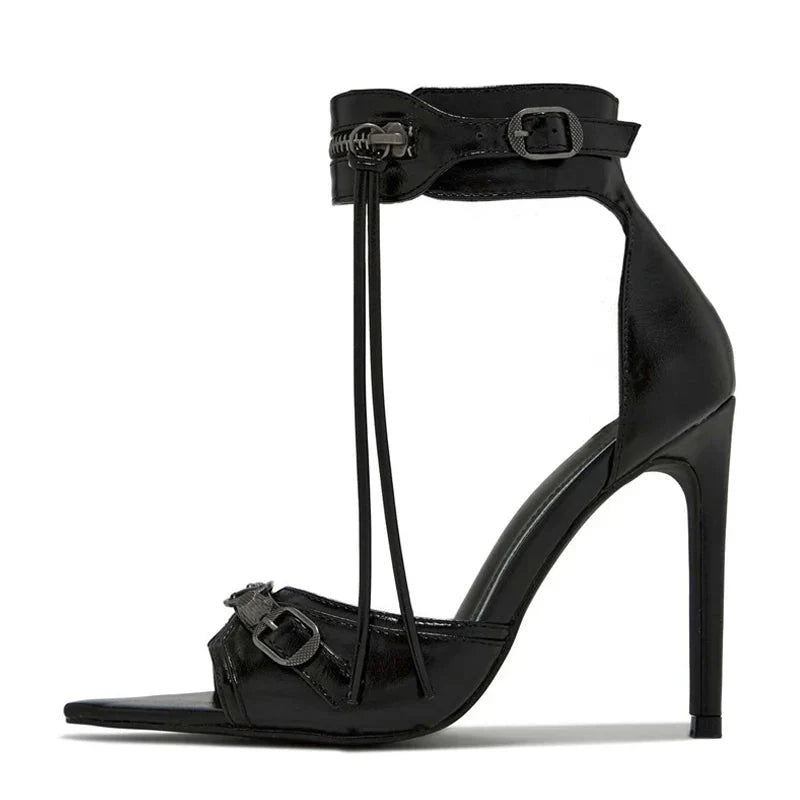 Liyke Women's pointed open toe stiletto sandals with tassel zip details and party heel design, showcasing a stylish black footwear option.