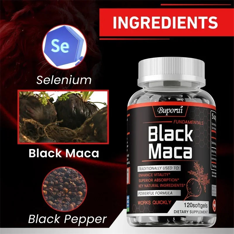 Black Maca supplement bottle from Showlu Fashion Store, natural energy booster for performance, endurance, and hormone balance.