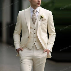 New Beige Business Suit Men Tuxedos Groom Groomsman Prom Wedding Party Formal 3 Piece Set Jacket Vest Pants
