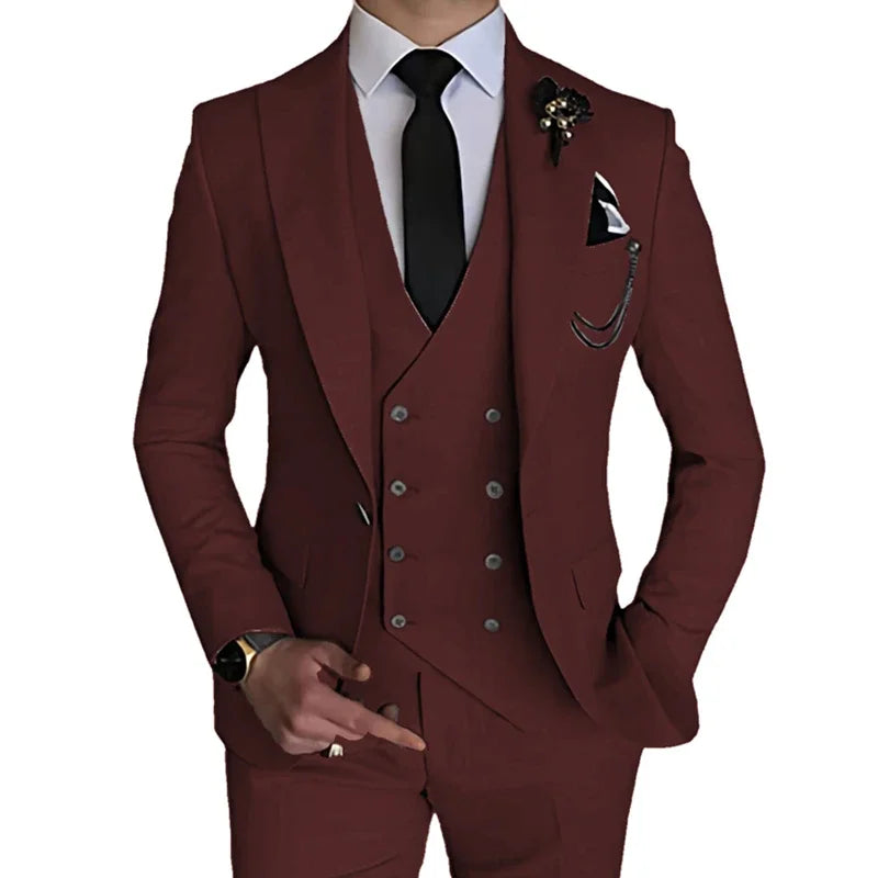 Men's slim fit wedding suit by SHOWLU FASHION STORE, three-piece single-breasted set with jacket, vest, and trousers.