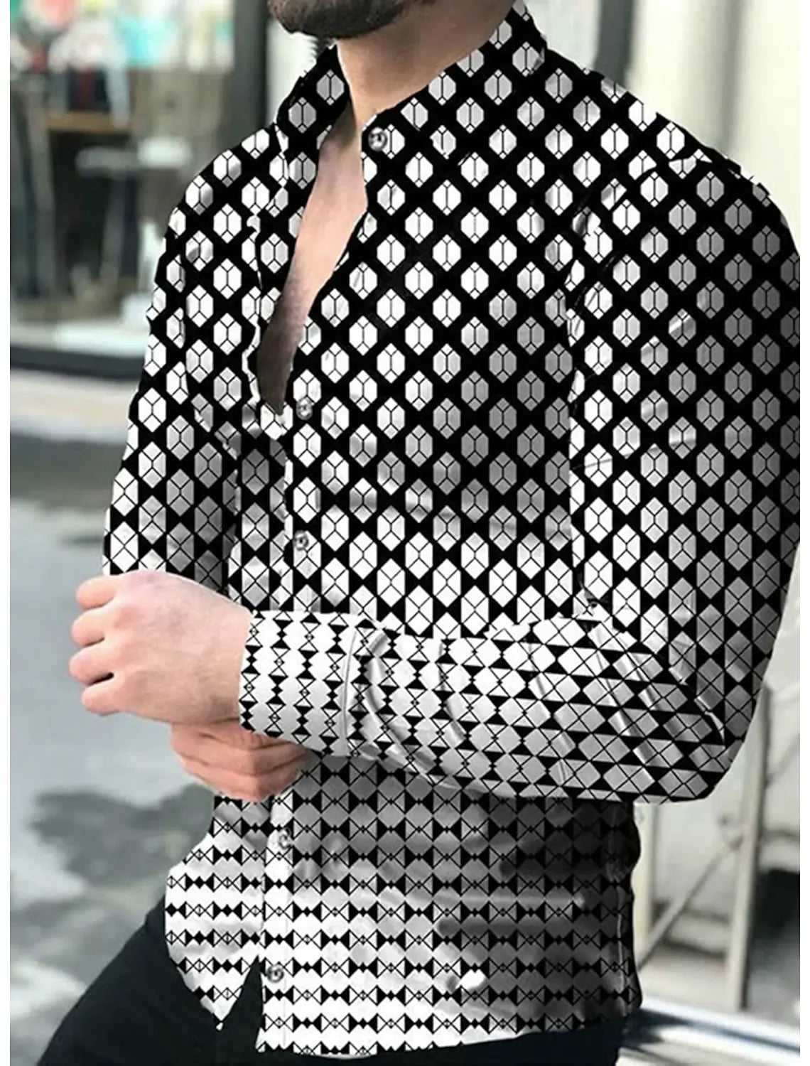 Men's plaid and striped graphic print long sleeve button-down shirt with turndown collar, designed for outdoor street fashion by Showlu Fashion.