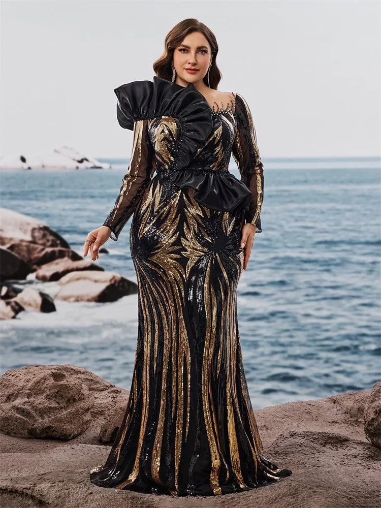 Elegant plus size mermaid evening dress by Showlu Fashion with ruffled sequins and long sleeves, perfect for formal weddings and parties.