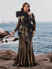 Lucyinlove Plus Size Luxury Ruffled Sequins Evening Dresses Elegant Long Sleeve Mermaid Formal Wedding Party Cocktail Gowns