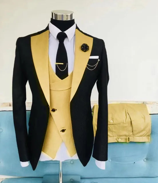 Black men's slim fit business suit with jacket, pants, and vest, perfect for formal weddings and events.