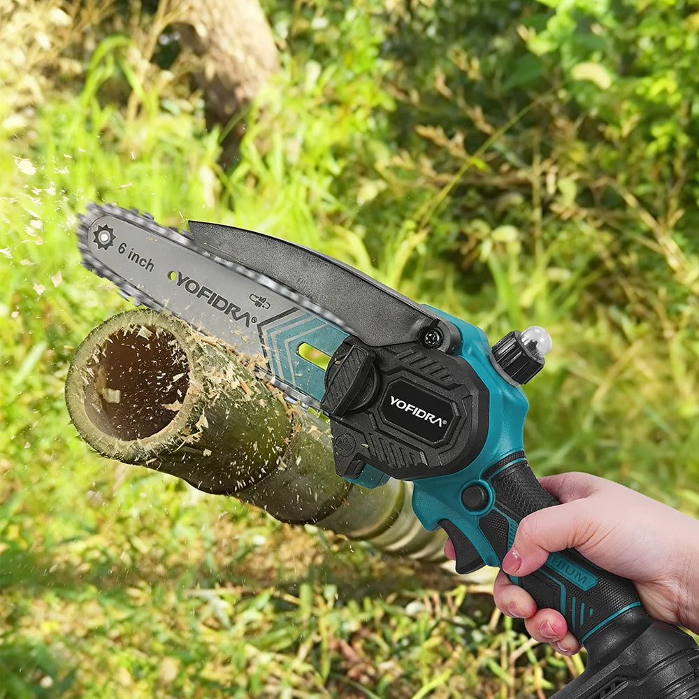 Showlu Smart General Yofidra 6-inch electric chainsaw with blade and handle, ideal for light cutting tasks.