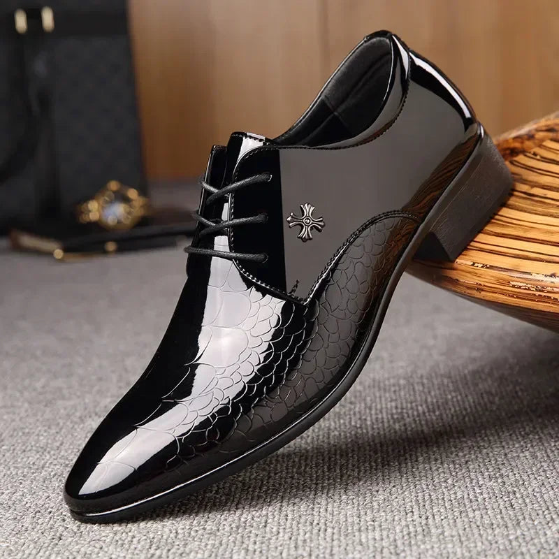 Men's luxury patent leather Oxford shoes with pointed toes, stylish wedding derbies by SBIP, featuring classic formal design
