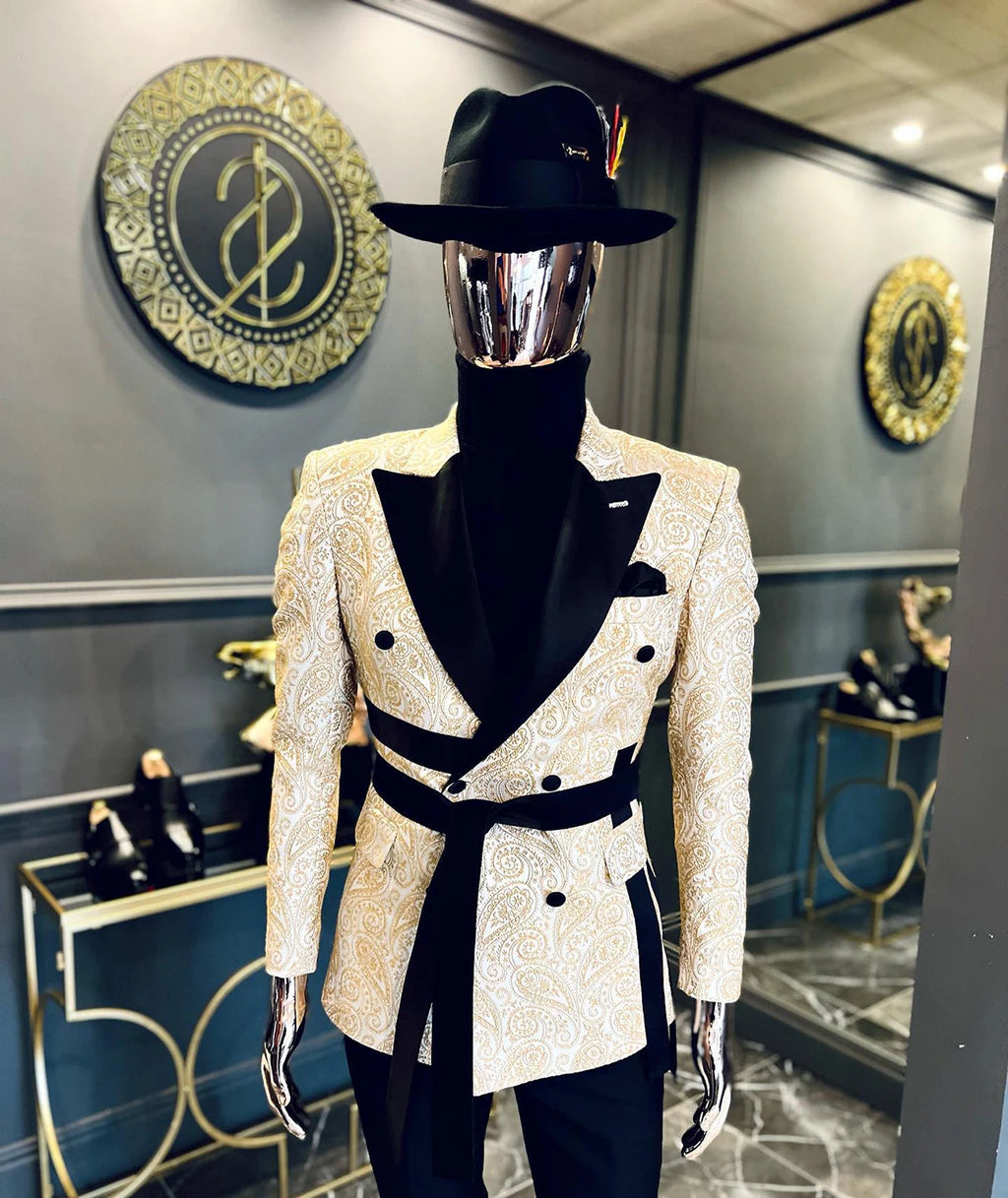 Designer Men Wedding  Blazer Floral Jacquard Coat Peaked Lapel Double Breasted For Male Prom Customize Only Jacket