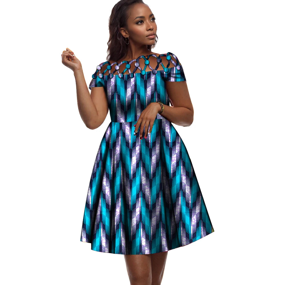 BintaRealWax African Dresses for Women Cotton Rope Weaving Collar African Print Wax Clothing Knee-Length Lady Dress WY335