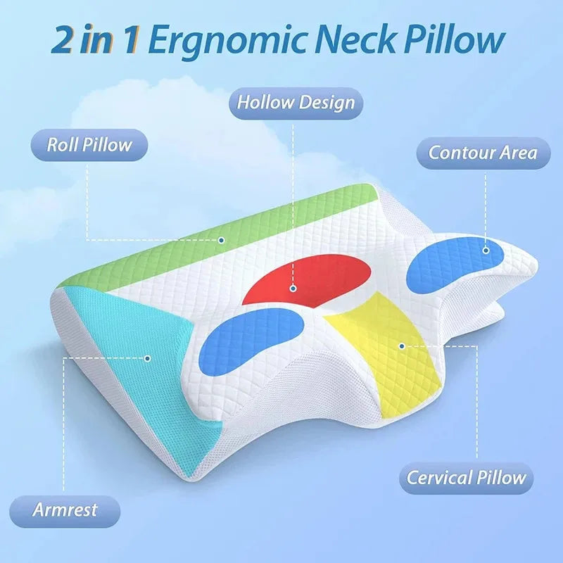 Ergonomic memory foam pillow from Tidesmit designed for neck and back pain relief, shown with contoured shape and soft fabric cover.