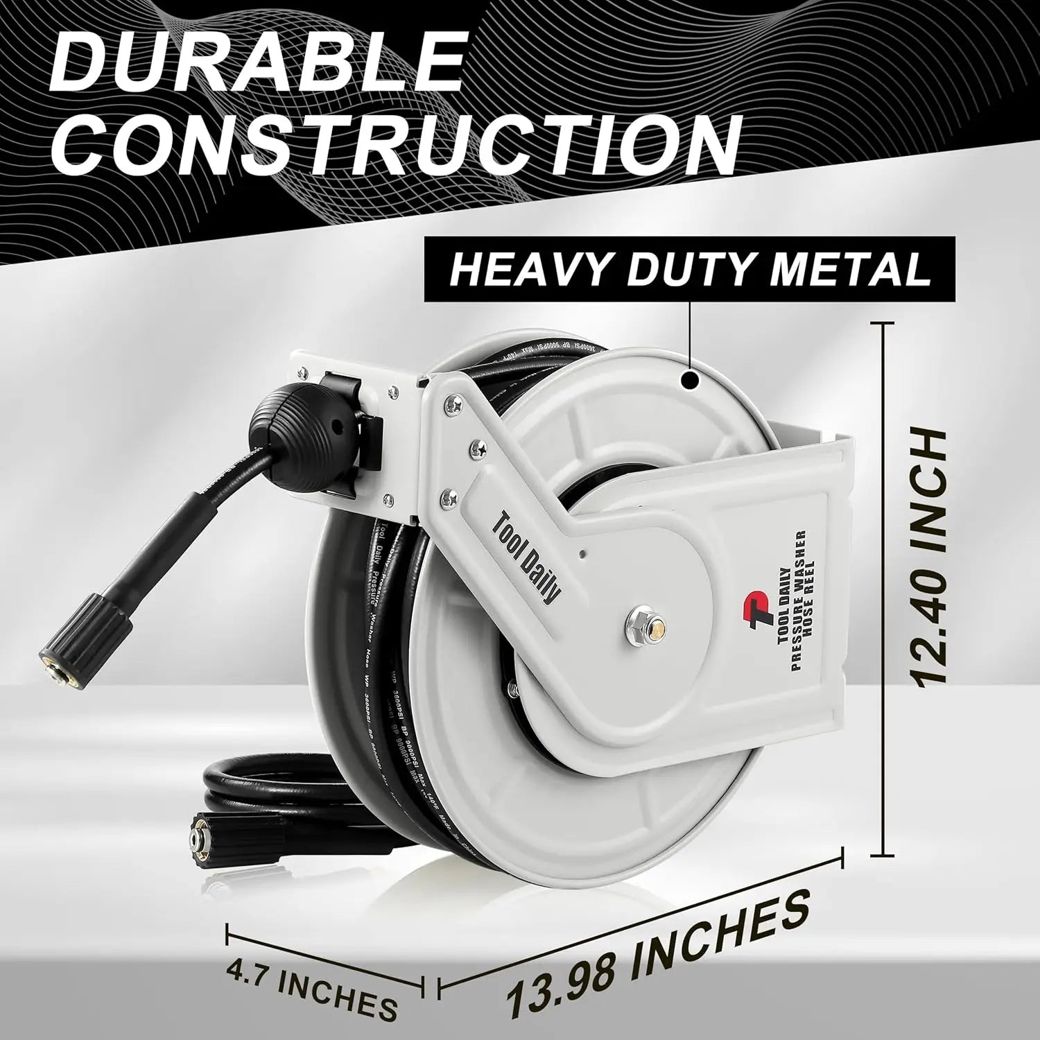 Showlu Smart General pressure washer hose reel with sturdy metal frame and easy crank handle for organized garden cleaning.