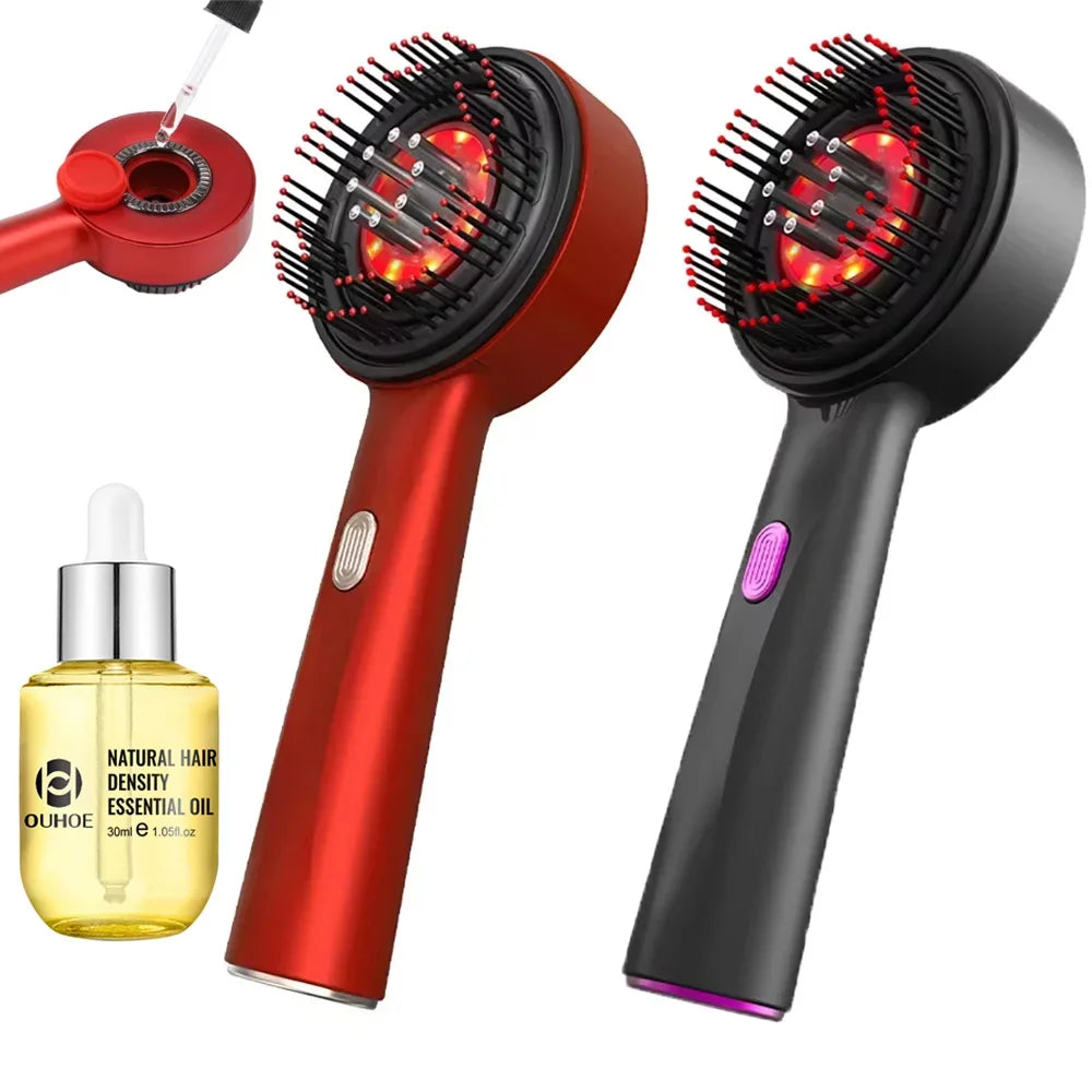 Red light scalp massager hair growth comb by Showlu Smart General, showing a sleek device with red LED lights for stimulating scalp.