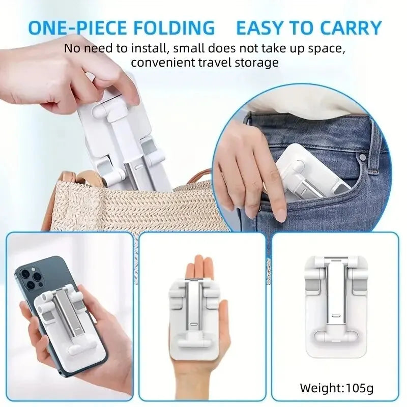 Foldable mobile phone holder stand with adjustable flexible design, supporting all phones on a desk or table.