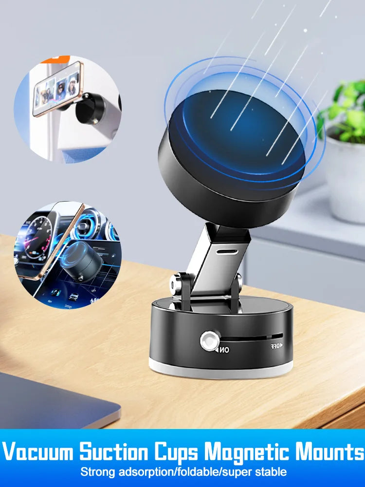 Showlu Mini Magnetic Suction Cup Car Phone Holder attached to a car dashboard with iPhone and Android smartphones in view