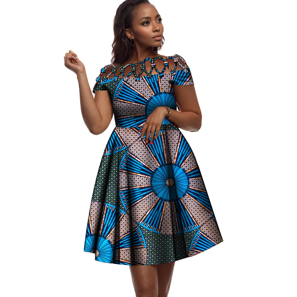 BintaRealWax African Dresses for Women Cotton Rope Weaving Collar African Print Wax Clothing Knee-Length Lady Dress WY335