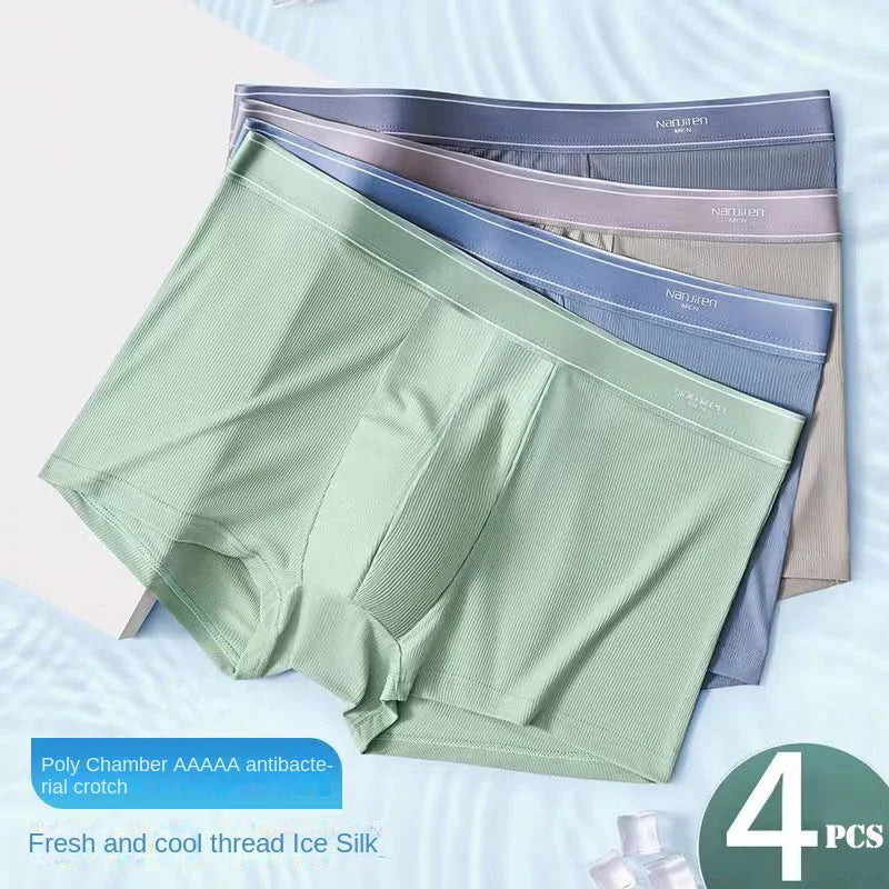 Showlu Men's Ice Silk Boxer Shorts 4-Pack in breathable, lightweight fabric, available in sizes L to 6XL, laid flat.