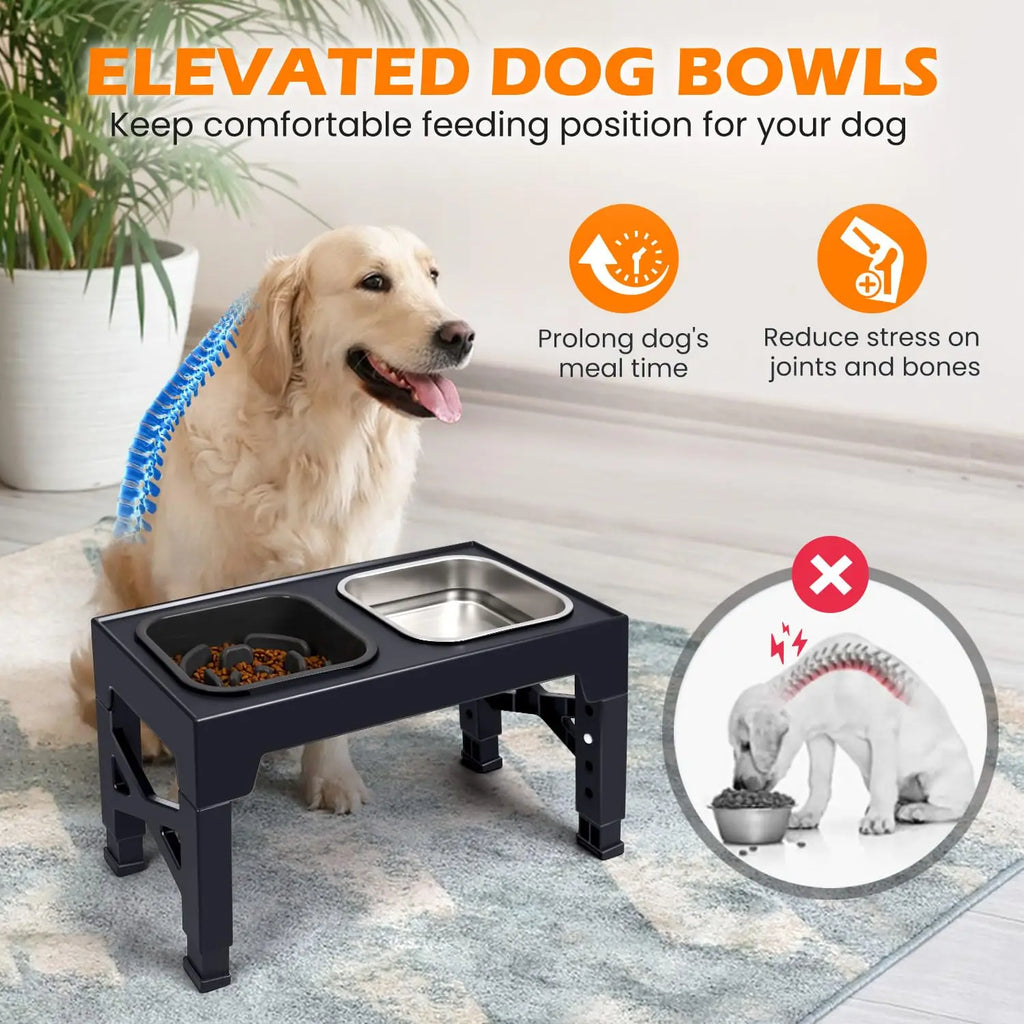 Showlu Fashion 2-in-1 elevated slow feeder dog bowls with non-slip stainless steel and plastic, foldable stand for food and water.