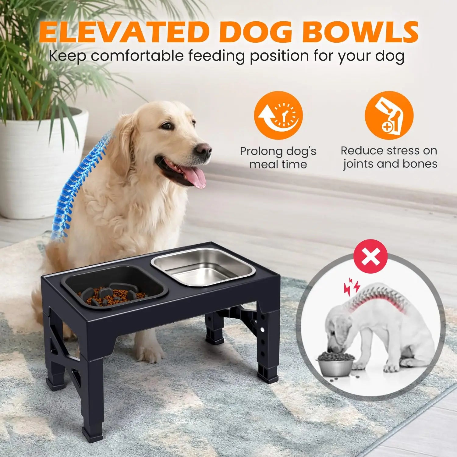 Showlu Fashion 2-in-1 elevated slow feeder dog bowls with non-slip stainless steel and plastic, foldable stand for food and water.