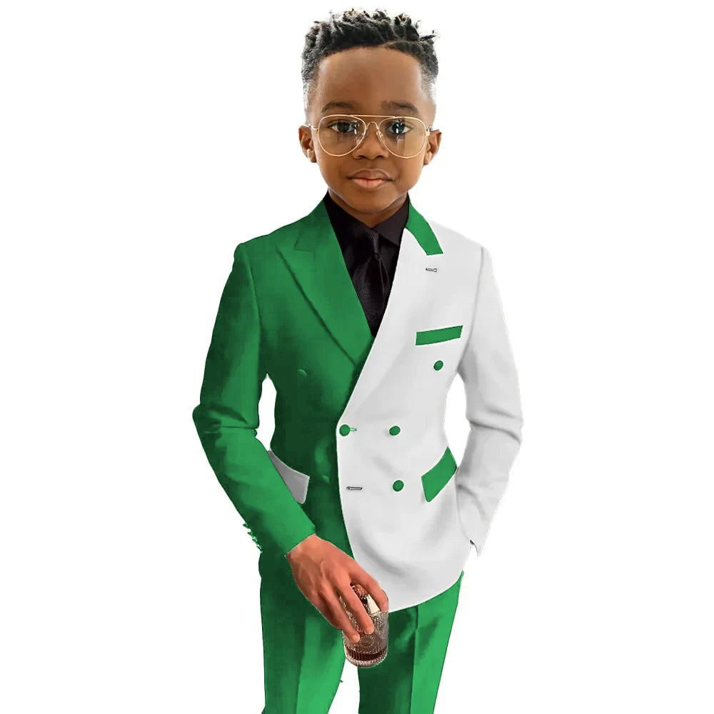 Boy's fashion wedding tuxedo set with pointed collar blazer and pants, stylish double-breasted blazer for parties by Showlu Smart General.