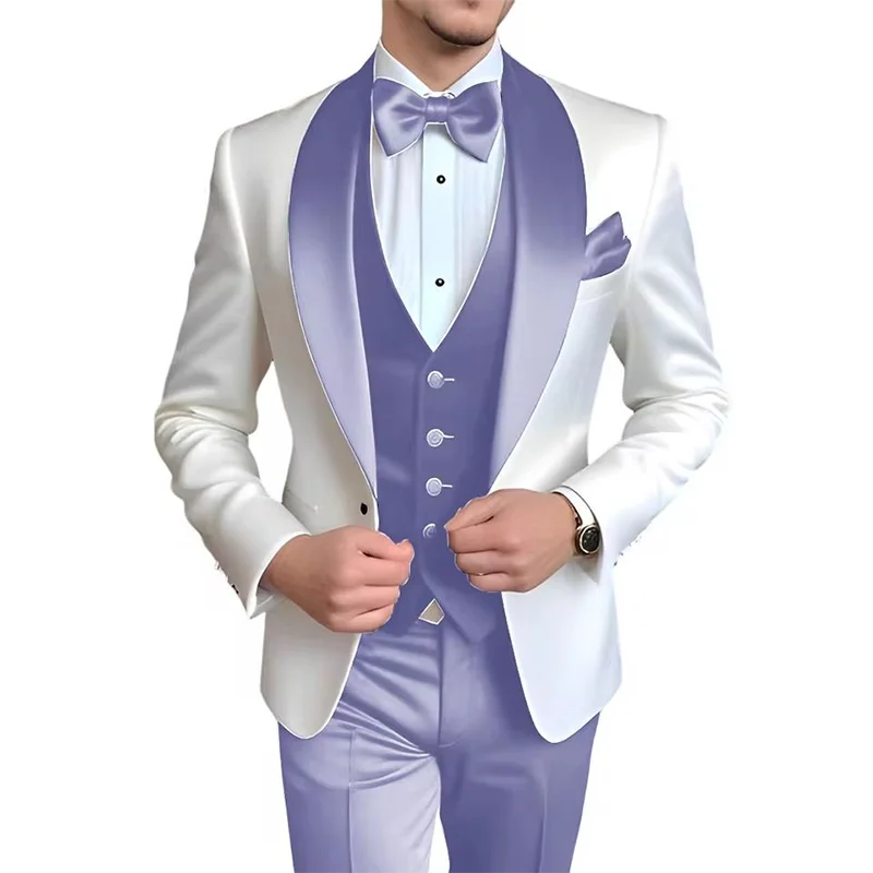 Men's 3-piece blue and white tuxedo suit by Showlu Fashion Store, featuring elegant formal style for weddings and parties.