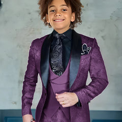 Jacquard Boys Suit 3 piece Suit Burgundy Jacket Pants Vest Wedding Kids Tuxedo Formal Style Boys Slim Fit Suit