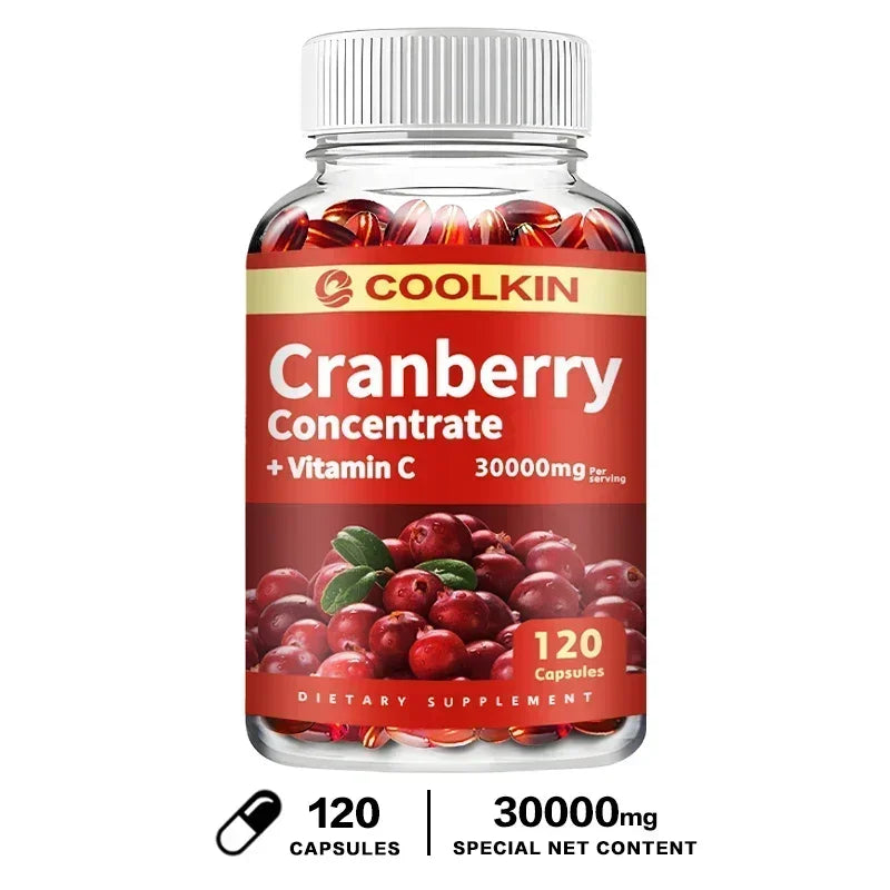 Cranberry supplement bottle labeled Urinary Tract UT Cleanse and Bladder Health with Vitamin C, showing fresh cranberries on the label.