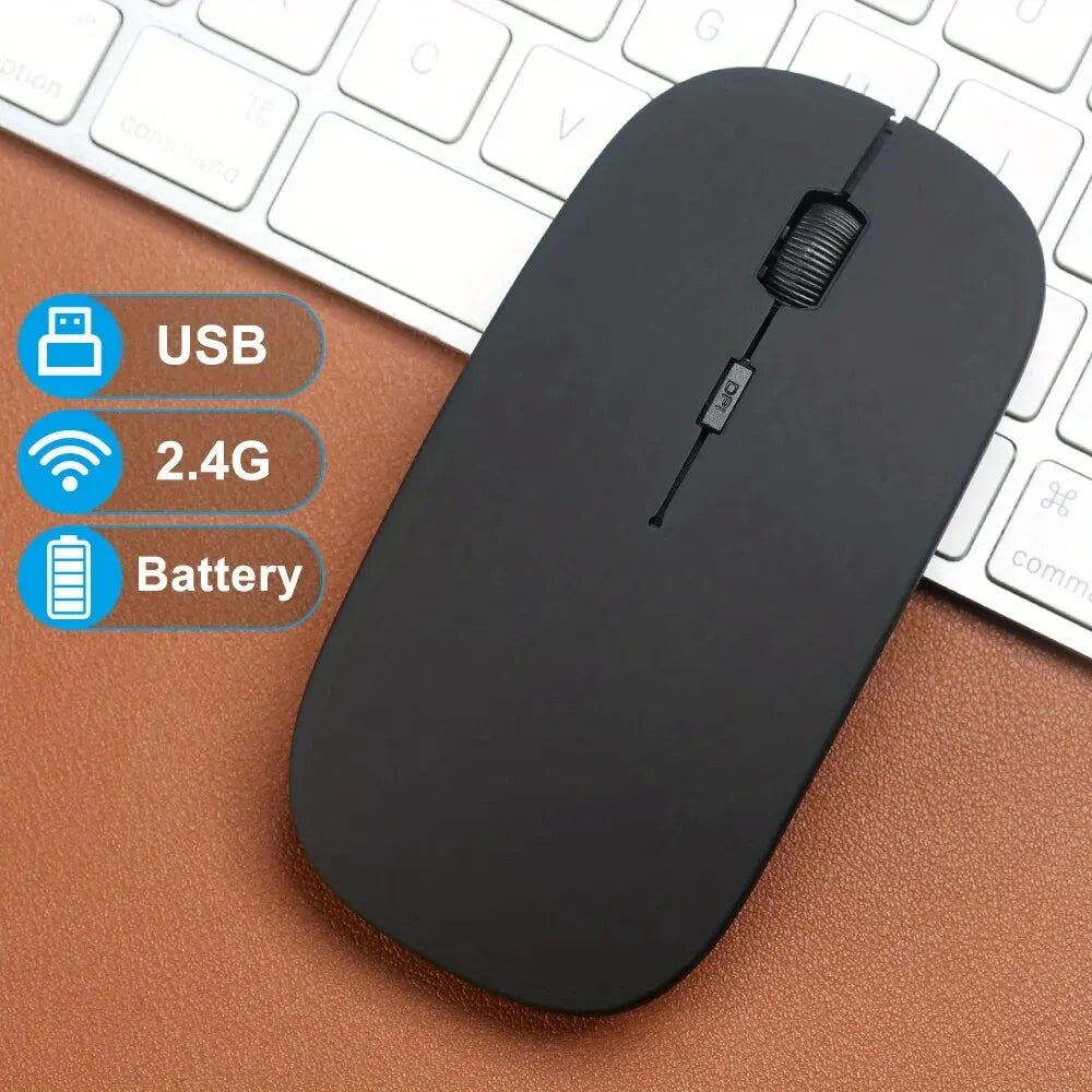 Wireless gaming mouse with backlit RGB lighting, ergonomic design, USB rechargeable, silent buttons, suitable for laptop and PC use.