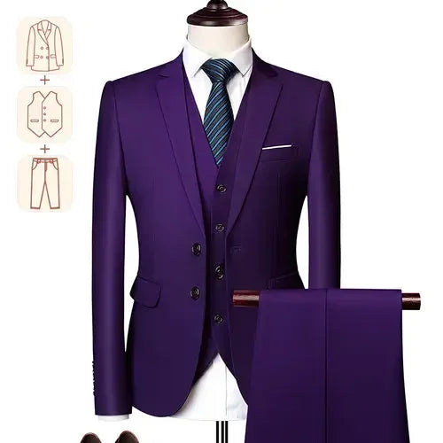Men's business casual suit by Showlu Fashion, solid color formal tuxedo set for weddings, parties, and events.