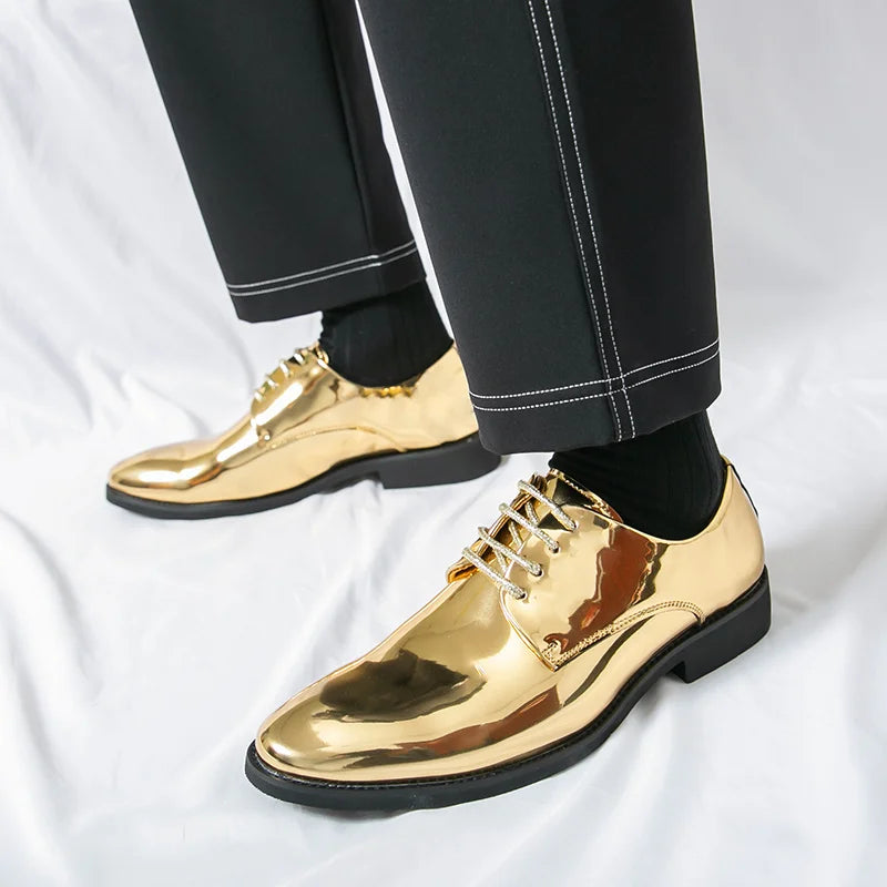 Men's golden leather party shoes with shiny pointed toe, formal dress shoes by Showlu Fashion Store.