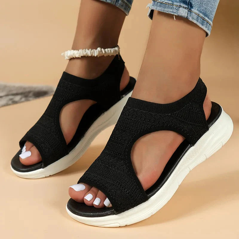 SHOWLU Women's mesh platform sandals with open toe design, casual summer shoes, featuring breathable mesh and elevated sole.