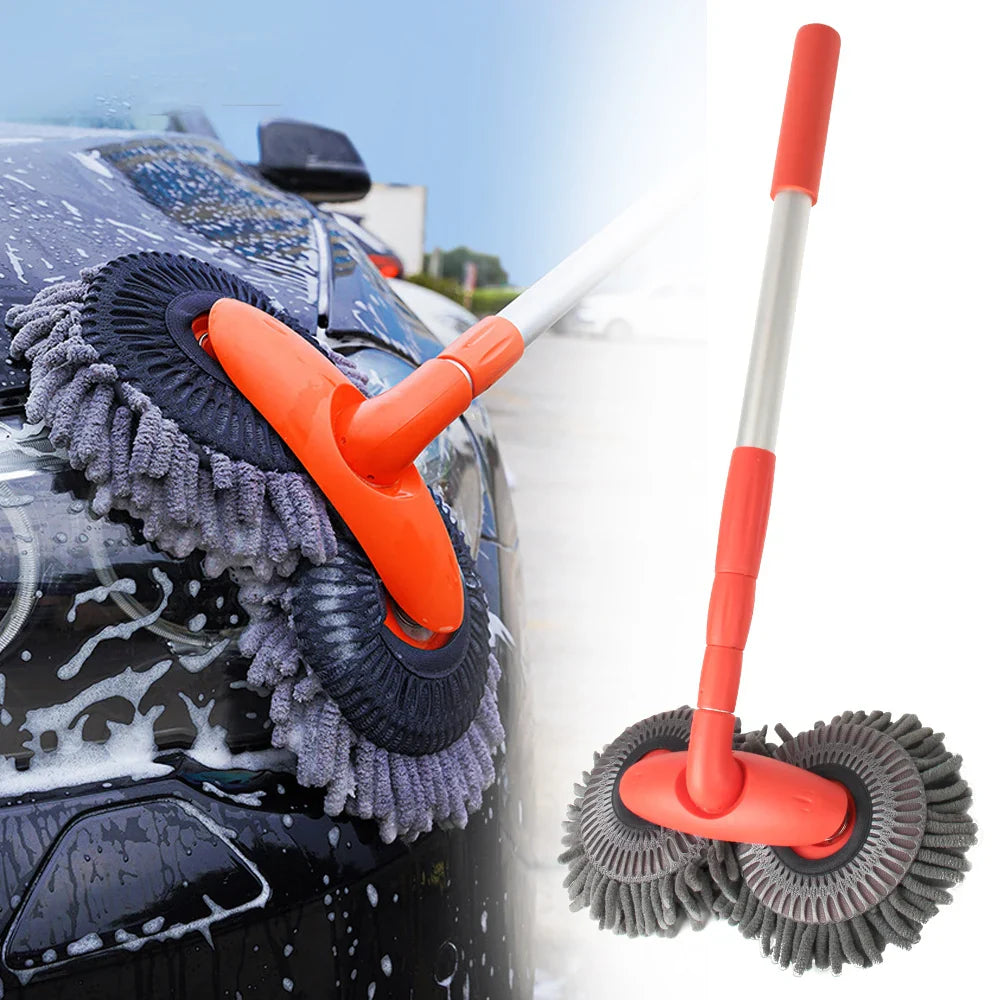 LEEPEE rotating double brush head car wash mop with telescopic handle and chenille fibers for easy cleaning and detailing.
