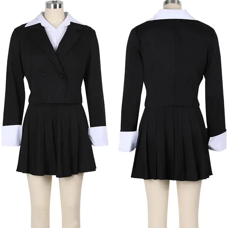 Doyerl Women's 2-piece skirt suit with a double-breasted blazer and mini skirt, shown in black fabric with tailored fit.