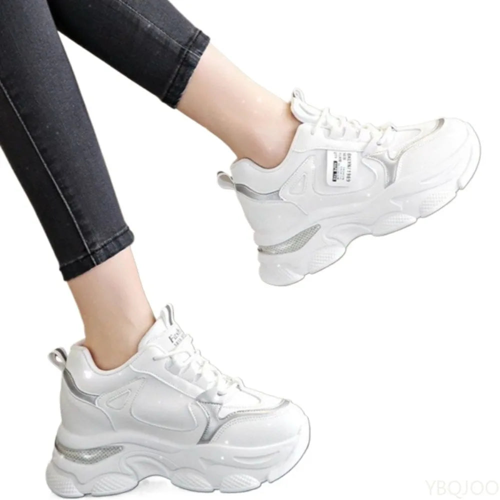 Women's lightweight white sports shoes with thick soles and height-increasing design, ideal for casual spring and autumn wear.