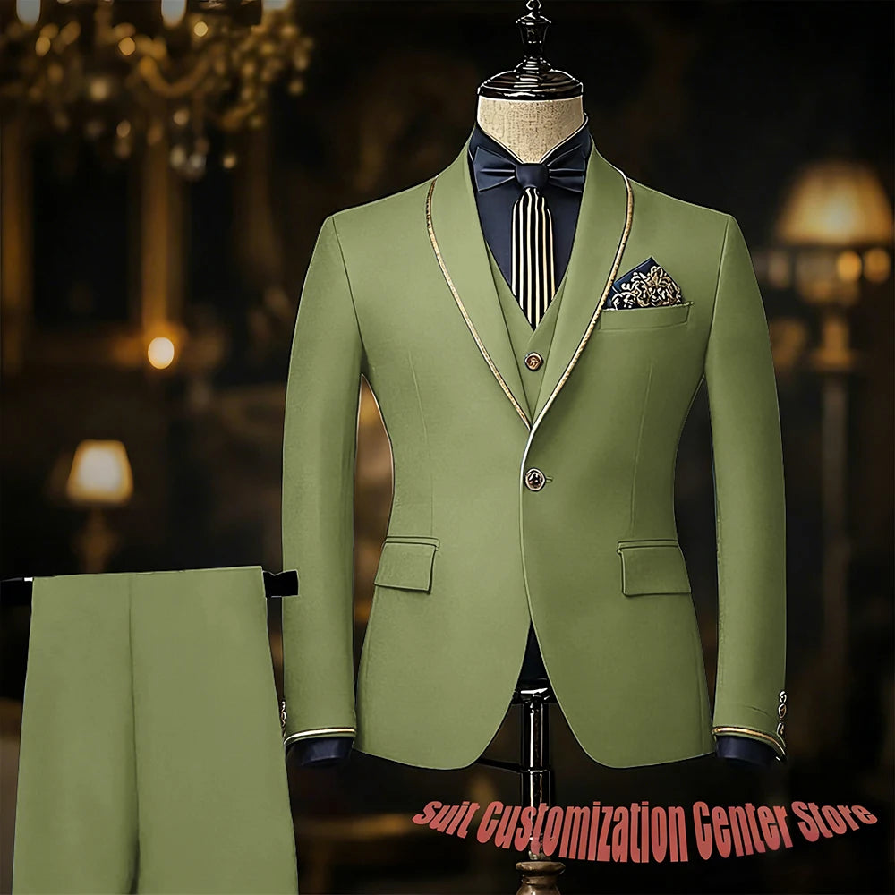 Navy blue men's slim fit tuxedo with single-breasted jacket, vest, and pants, suitable for wedding or prom occasions.