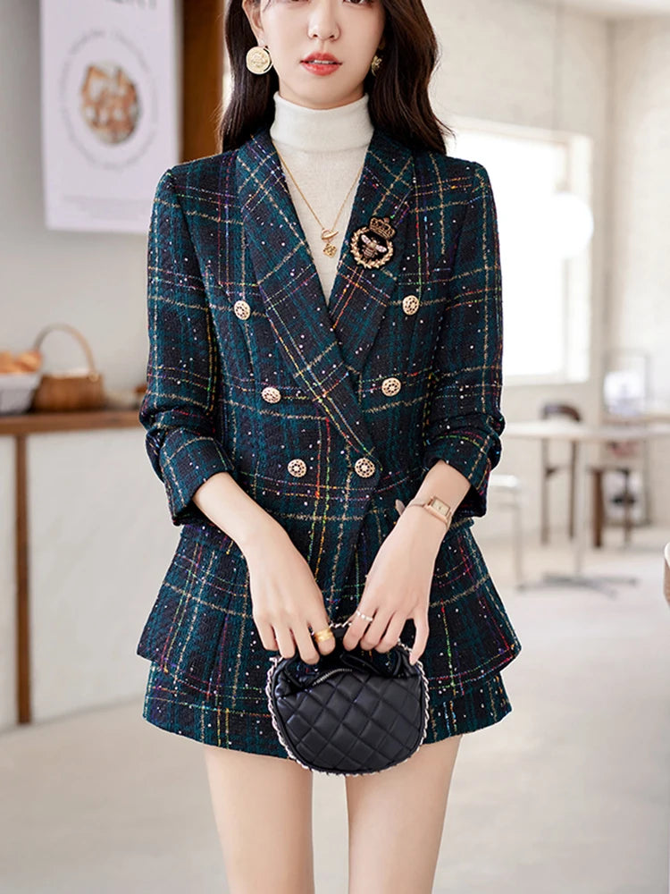 ZJYT Elegant Plaid Tweed Blazer Shorts Suits Autumn Winter Outfits for Women 2 Piece Business Chic Office Matching Set Plus Size SHOWLU FASHION STORE