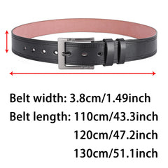 A black leather belt for men with a silver buckle and dimensions listed below the image.