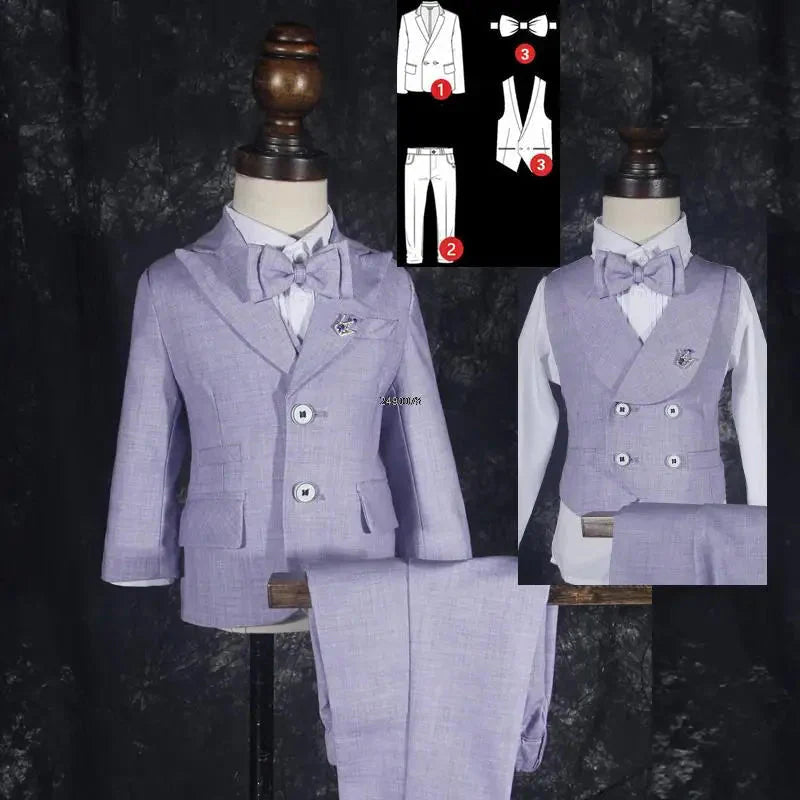 Purple boys' formal wedding suit with 5-piece tuxedo set, including jacket, vest, shirt, pants, and bow tie, by SHOWLU FASHION STORE.