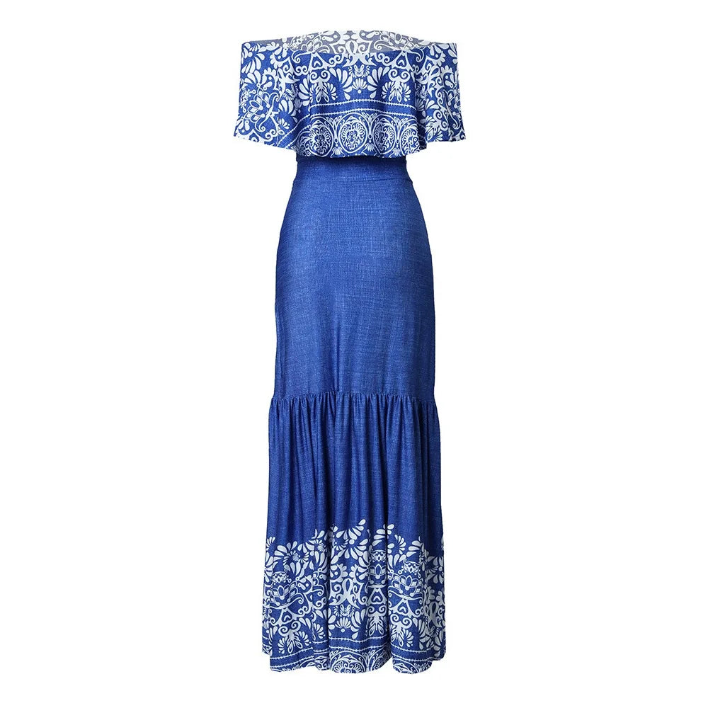 SHOWLU Women's off-shoulder print slim maxi dress in elegant fall style, featuring a vibrant pattern and flowing silhouette.