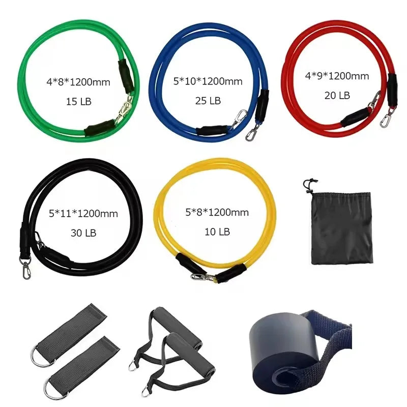 Set of TPE resistance bands with handles, door anchor, ankle straps, and carry bag for fitness and elastic training exercises.