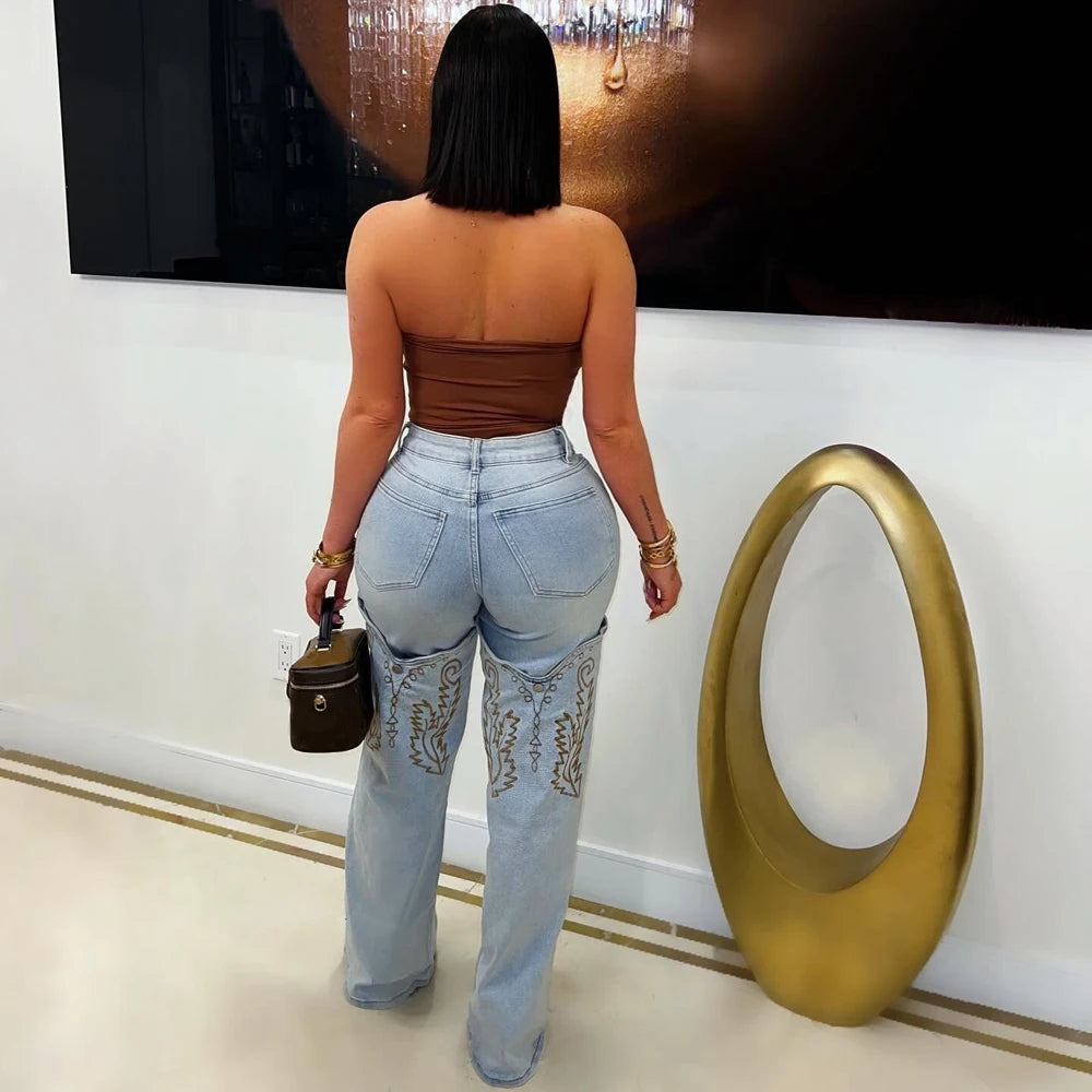 Vintage embroidered denim trousers for women featuring high waist and straight-leg style, perfect for casual summer street fashion.