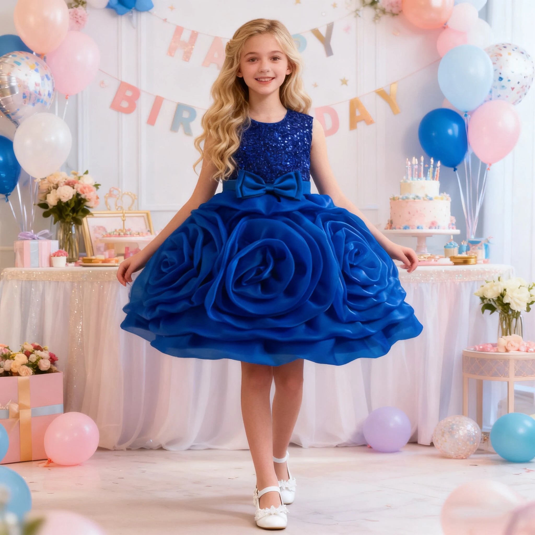 Elegant 3D flower girls dress by Showlu Fashion with sequin tulle, bow detail, perfect for birthday, wedding, or special occasions.