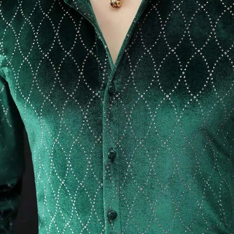 Dark green velvet long sleeve men's dress shirt with slim fit and gold accents, stylish fall British men's shirt by Showlu Fashion.