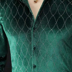 2023 Fall British Men Gold Velvet Hollow Long Sleeve Shirt Slim Shirt Dark Green Camisa Social Masculina Men Dress Shirt