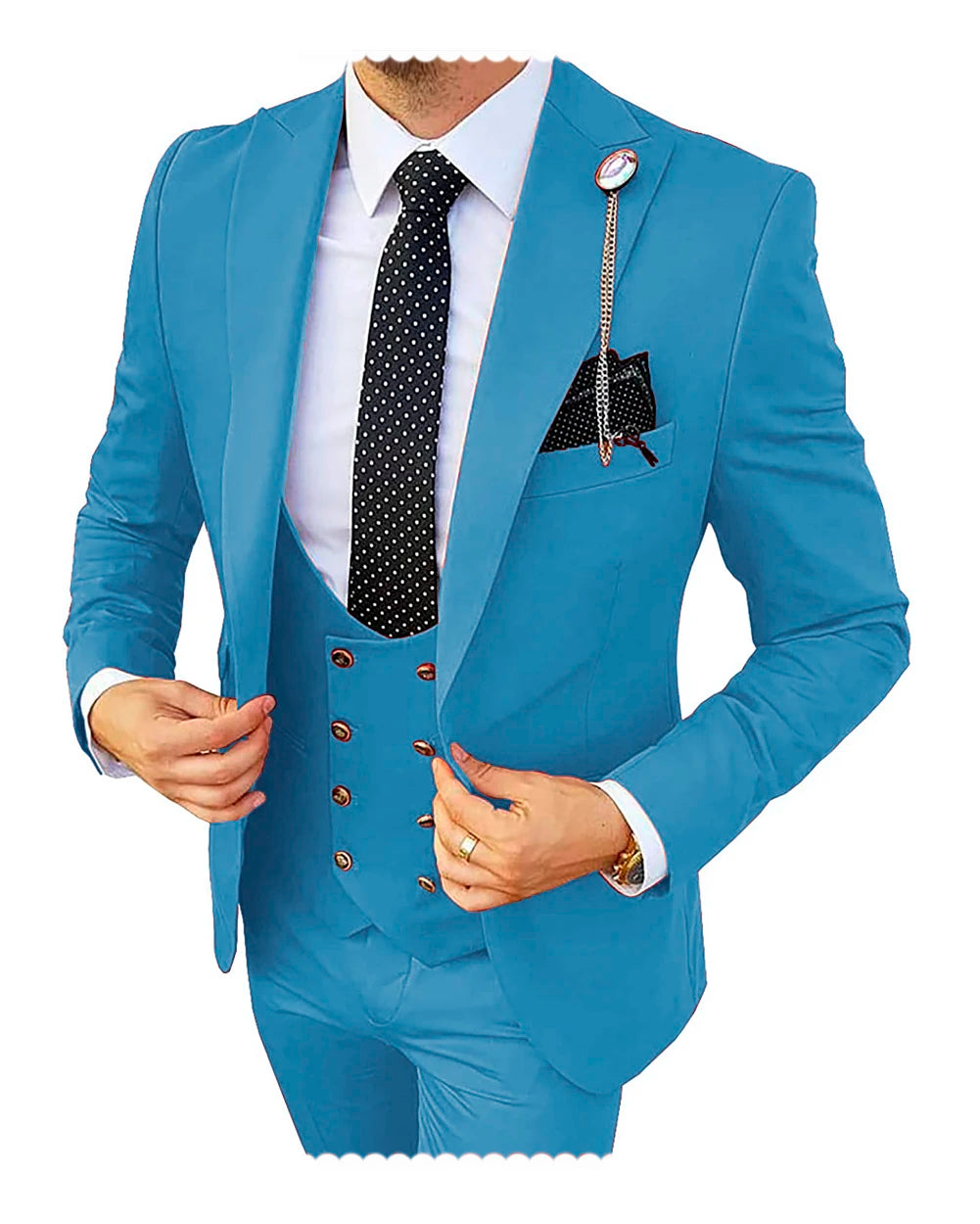 Formal men's 3-piece wedding suit by Showlu Fashion, featuring a slim fit tuxedo with blazer, vest, and pants for groom or business wear.