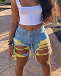 SHOWLU Women's ripped denim shorts featuring high street style, cotton fabric, and a sexy, distressed design.