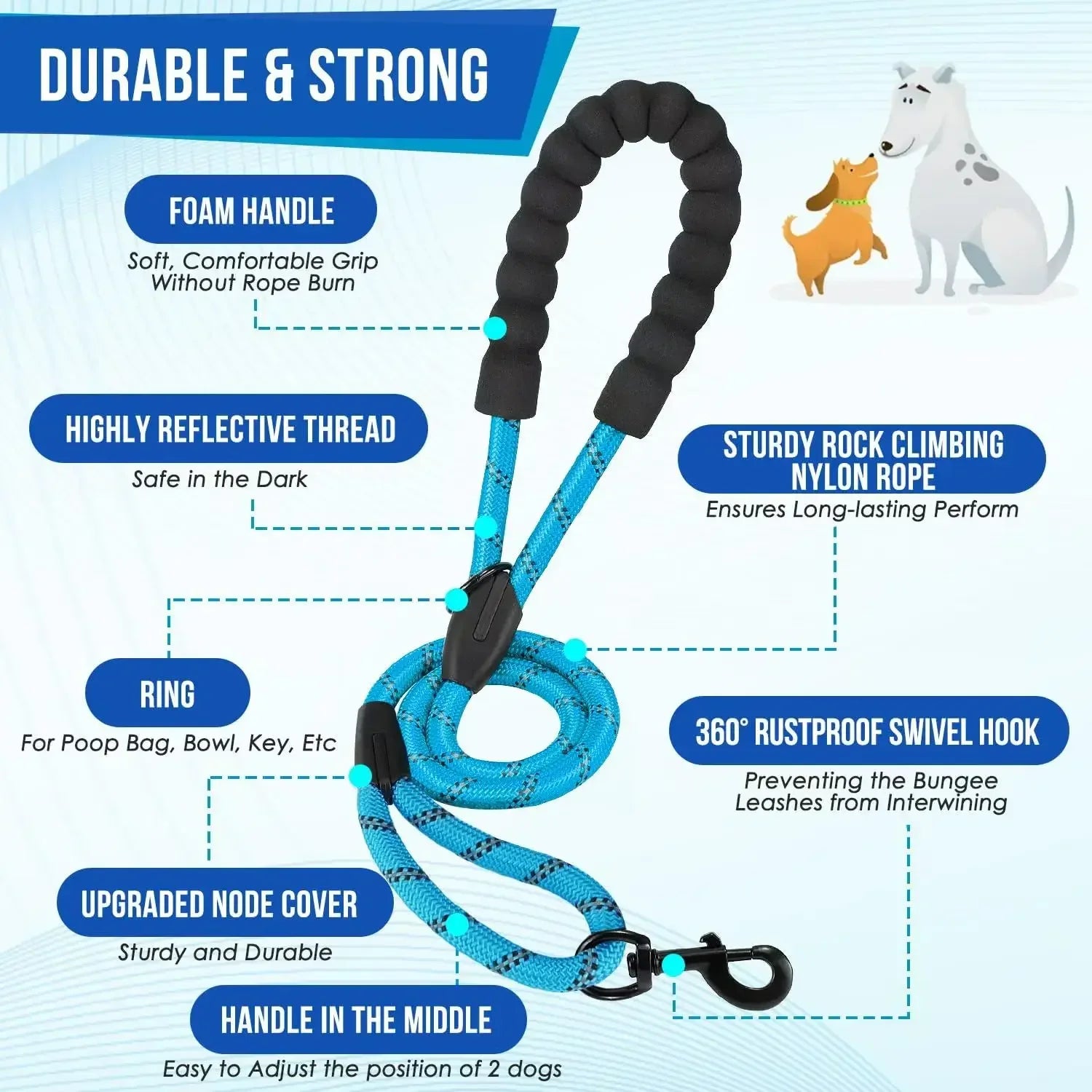 Reflective double dog leash by Showlu Fashion Store, made of no-tangle nylon with reflective features for safety during walks.