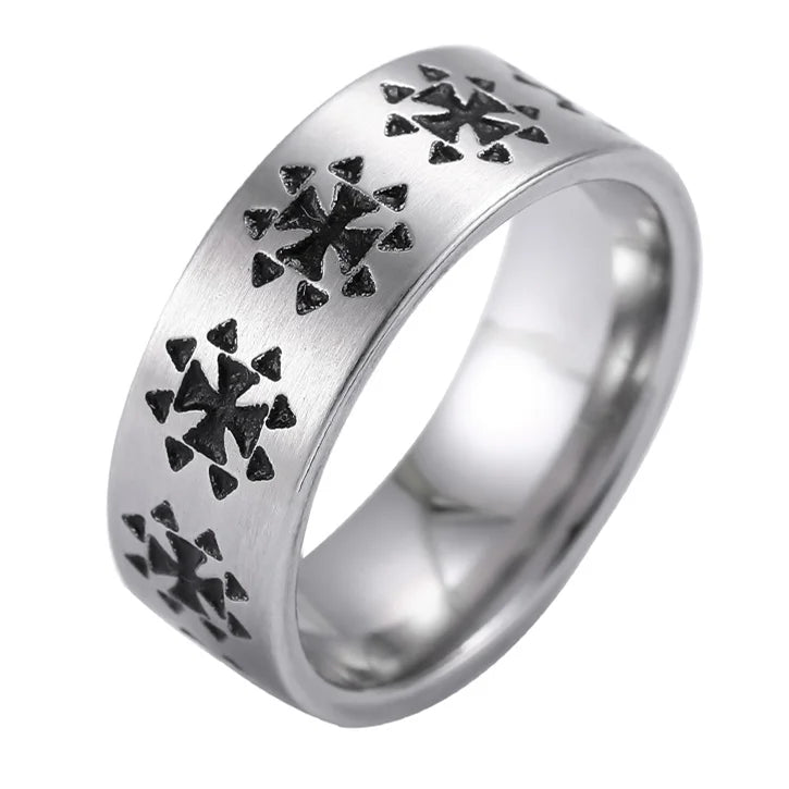 Titanium steel Christian cross Bible ring with 8mm unisex band, featuring detailed religious cross design.